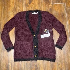 Bishop + Young XS Bianca Cardigan soft fuzzy knit stretch NWT burgundy and black